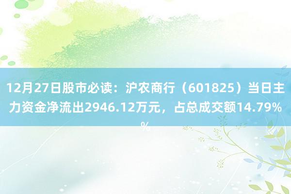 12月27日股市必读：沪农商行（601825）当日主力资金净流出2946.12万元，占总成交额14.79%