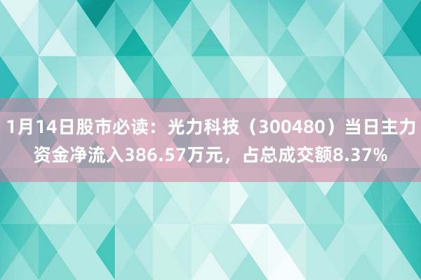 1月14日股市必读：光力科技（300480）当日主力资金净流入386.57万元，占总成交额8.37%