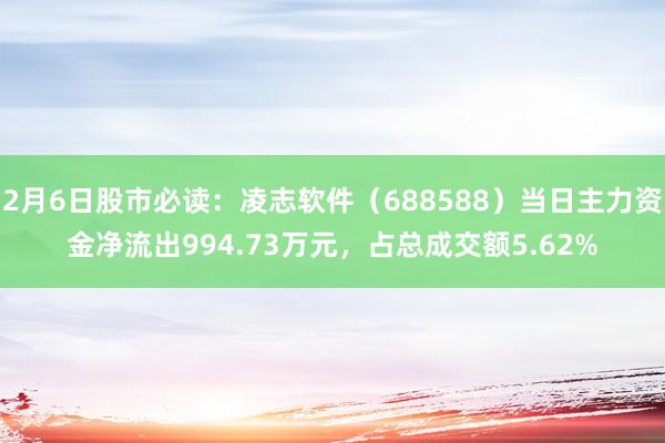 2月6日股市必读：凌志软件（688588）当日主力资金净流出994.73万元，占总成交额5.62%